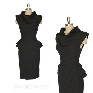 Cue Australia Midi Dress Size S M Tweed Peplum Pencil Cowl Neck Career Gray
